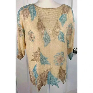 Beige Beaded Floral Leaf 90s Vintage Oleg Cassini Sheer Silk Art Deco Blouse Med